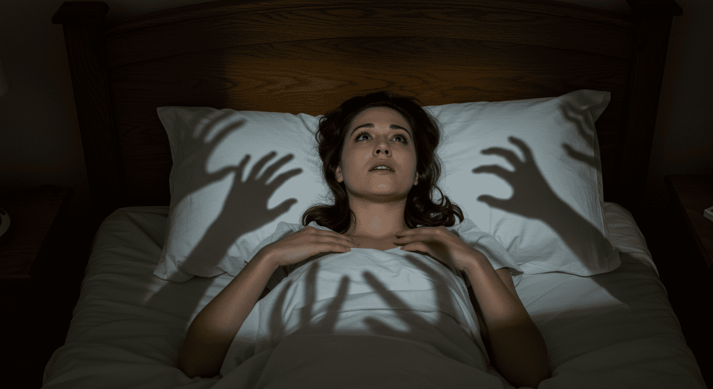 Parálisis del sueño: cuando tu cuerpo duerme pero tu mente despierta 7 Imagen de pesadilla con sombras de manos sobre mujer en cama. Escena de terror psicológico e indefensión. Sombras amenazantes.