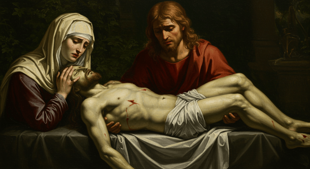 Las enfermedades más antiguas de la historia: ¡Algunas siguen con nosotros! 2 "Piedad cristiana: imagen del cuerpo de Cristo yacente, rodeado de figuras dolientes. Representación artística del luto religioso, ideal para contenido sobre Semana Santa, arte sacro y cristianismo. Accesible para personas con discapacidad visual."