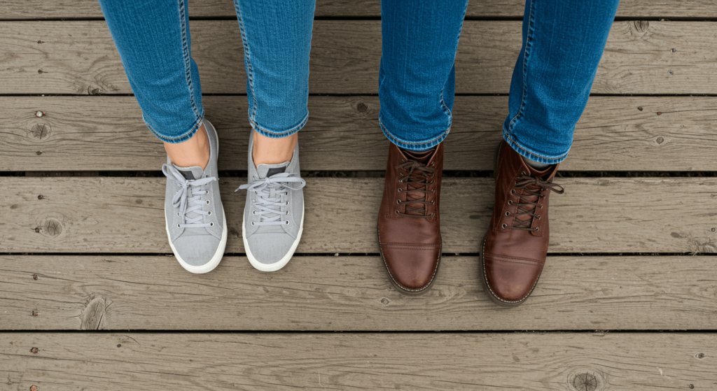 8 beneficios de la lectura que transformarán tu mente y tu vida 2 Dos pares de piernas y pies sobre entarimado de madera: Vista superior de calzado diverso descansando. Relajación, calzado y punto de vista.