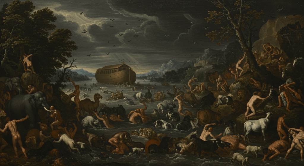 El Diluvio Universal: Entre la leyenda y la historia 6 Pintura barroca detallada del Diluvio Universal, mostrando una multitud caótica de diversos animales (elefantes, caballos, camellos, leones) y personas luchando por sobrevivir en tierra y agua oscura, con el Arca de Noé al fondo bajo un cielo tormentoso.