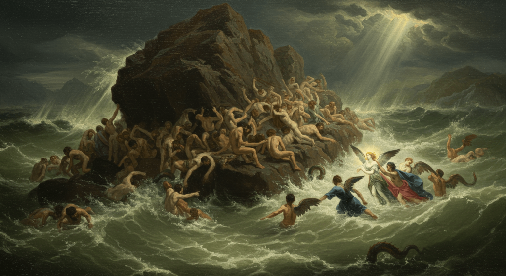 El Diluvio Universal: Entre la leyenda y la historia 1 Pintura clásica del Diluvio Universal mostrando a personas desesperadas aferrándose a rocas mientras las aguas turbulentas suben bajo un cielo tormentoso. Escena dramática de sufrimiento y caos.