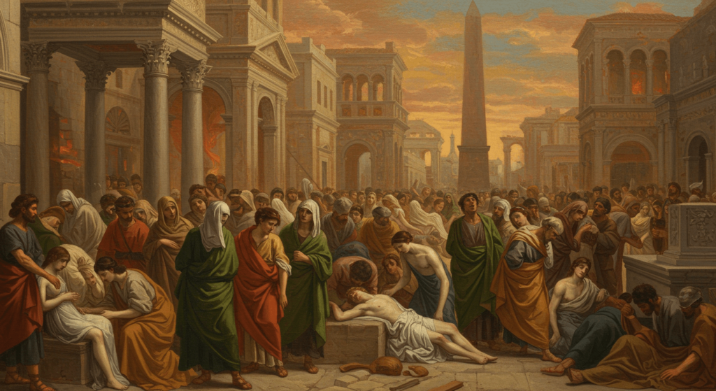 Las enfermedades más antiguas de la historia: ¡Algunas siguen con nosotros! 6 "Pintura histórica: imagen que representa una epidemia o plaga en una ciudad antigua, mostrando sufrimiento y desesperación. Ideal para contenido sobre historia de la medicina, arte clásico y pandemias. Accesible para personas con discapacidad visual."