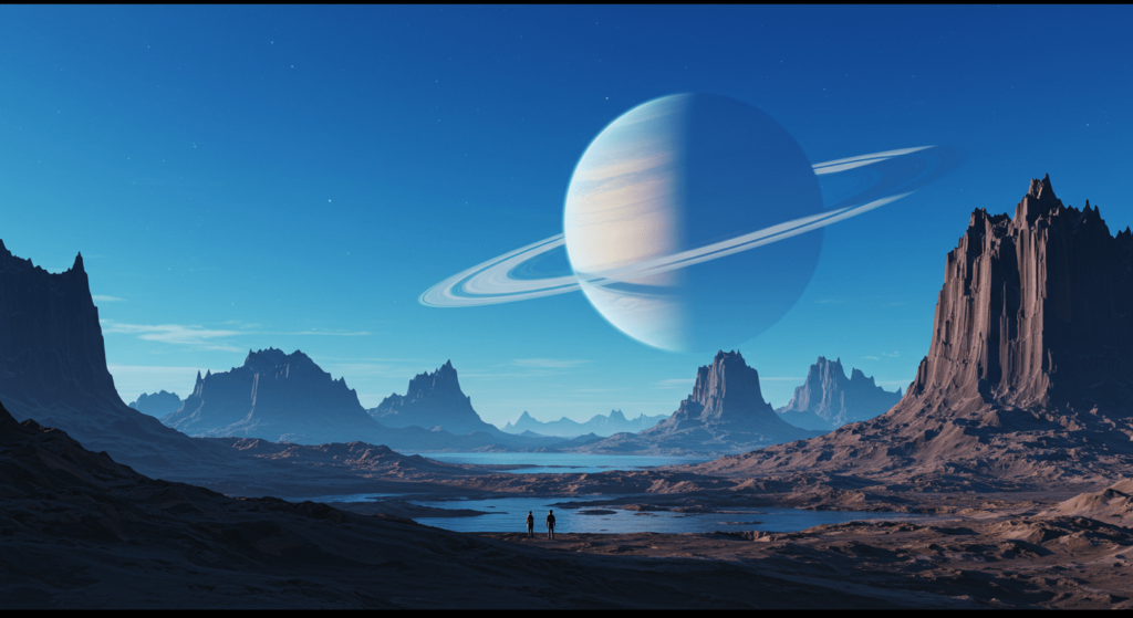 ¿Cómo evolucionará el ser humano? Lo que la ciencia predice para el futuro 3 Imagen de planeta con anillos y paisajes alienígenas: Vista de montañas y cielo azul desde otro mundo. Exploración espacial, ciencia ficción y aventura.