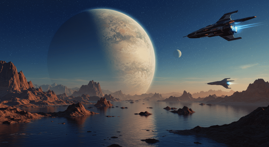 ¿Podemos Viajar a la Velocidad de la Luz? Lo Que Dice la Ciencia 2 Imagen de ciencia ficción: planeta gigante sobre paisaje rocoso con nave espacial. Explora mund, creating a dramatic and otherworldly atmosphere. Distant mountains are visible on the horizon under the planet, adding depth to the image. The overall composition is balanced, with the spacecraft, planet, and rock formations creating a dynamic visual hierarchy.