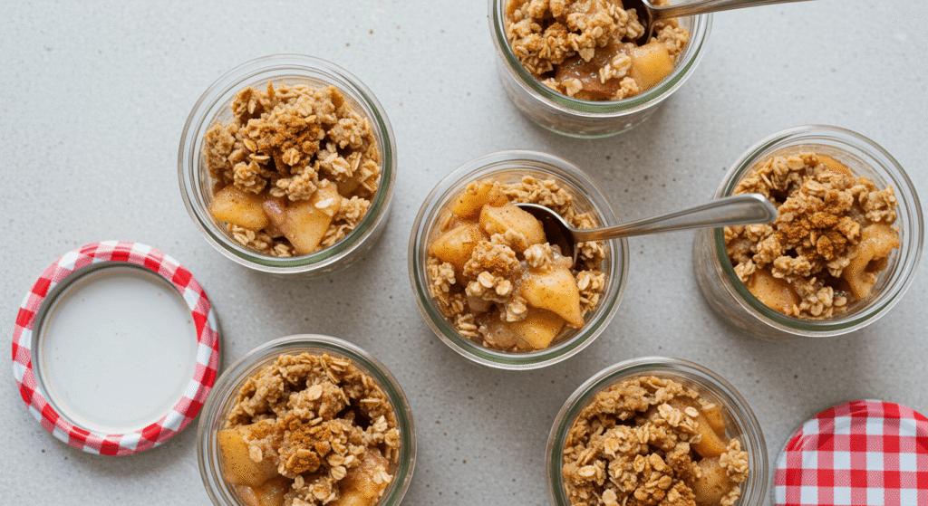 Cómo dormir mejor: trucos respaldados por la ciencia 5 Postres avena tarro. Foto de postres de avena y manzana horneados en frascos de vidrio con cuchara. Recetas caseras y comida saludable.