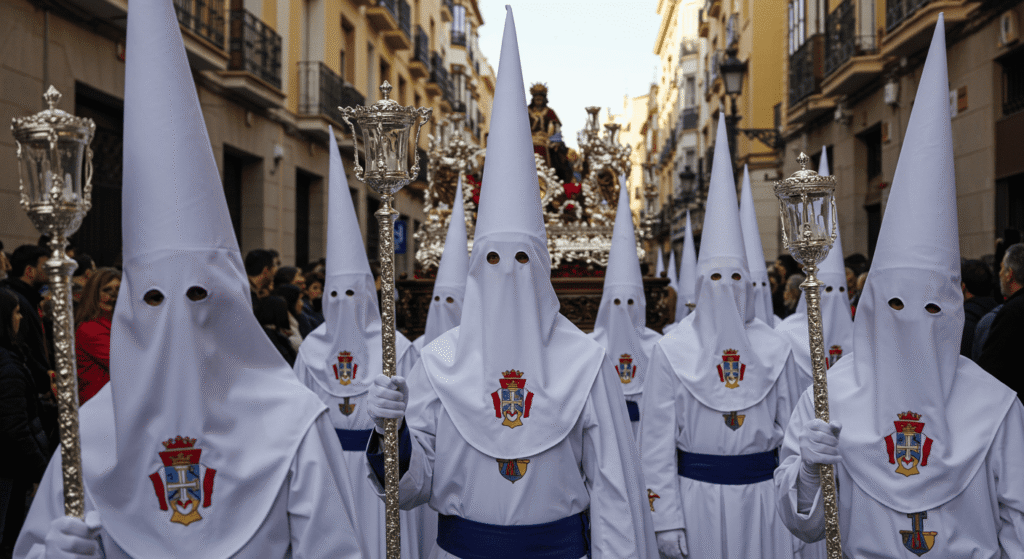 La Leyenda del Coco: El Monstruo que Aterrorizó Generaciones 4 Procesión de Semana Santa en España. Nazarenos con túnicas blancas y capirotes puntiagudos recorren la calle, tradición religiosa y cultural
