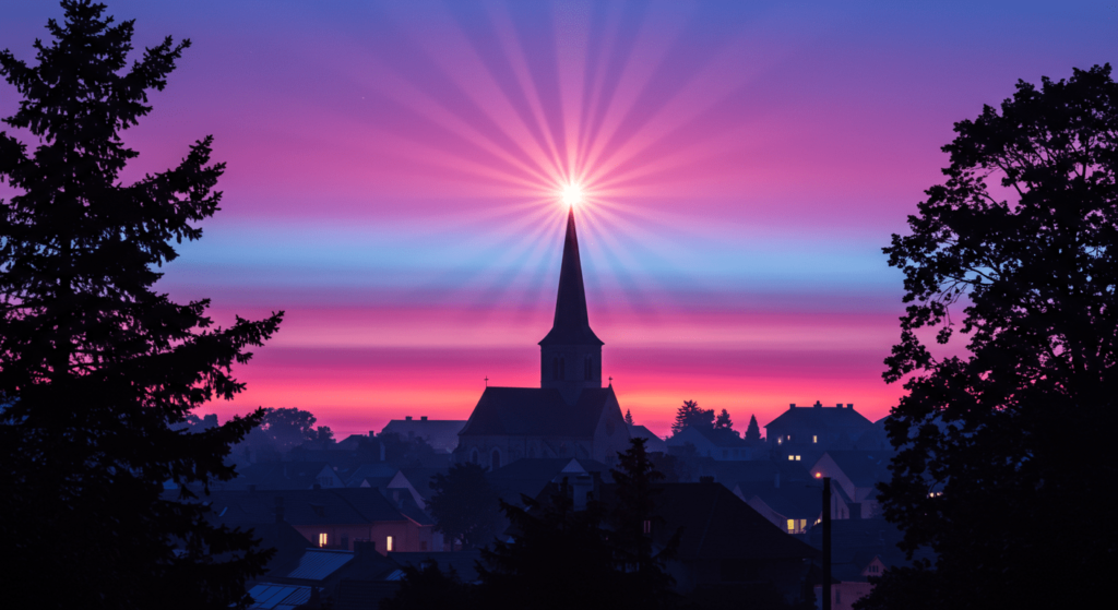 La Iglesia en la Edad Media: Poder, fe y controversias 1 Vista de un pueblo al amanecer o atardecer con una iglesia destacando bajo una luz radiante. Pueblo, iglesia, amanecer, atardecer, paisaje urbano, espiritualidad, sueño.