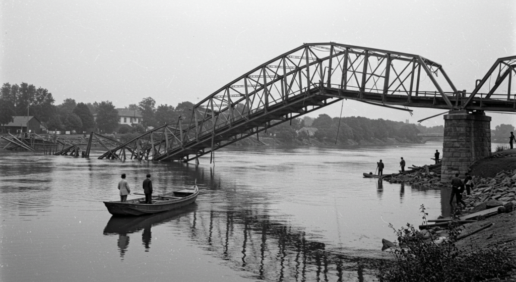 Mothman: La leyenda del Hombre Polilla y sus misteriosos avistamientos 2 "Fotografía antigua de un puente colapsado en un río. Imagen histórica sobre desastres y fallos estructurales."