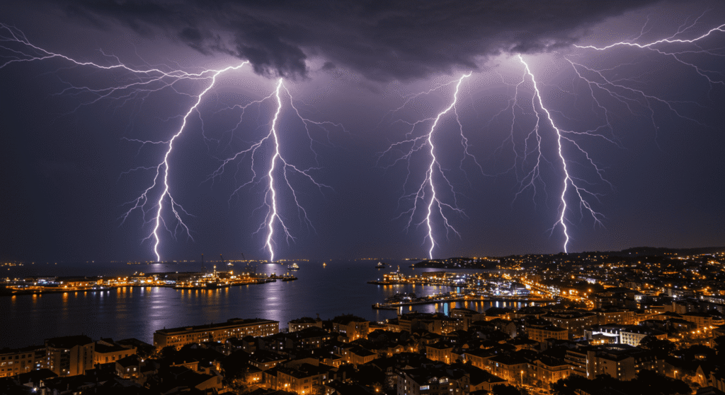 ¿Cómo se Forman los Rayos, Relámpagos y Truenos? La Ciencia Detrás de Estos Fenómenos Naturales 5 Puerto ciudad relámpago noche. Imagen de rayos sobre ciudad costera y puerto de noche, ideal para viajes.