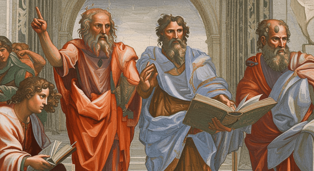 Aristóteles: Sus Principales Contribuciones a la Ciencia y la Filosofía 4 Detalle de "La Escuela de Atenas" de Rafael, mostrando a Platón y Aristóteles. Pintura renacentista para accesibilidad web y SEO.