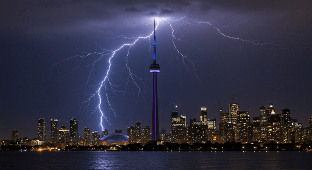 La Historia de la Electricidad: ¿Quiénes Fueron sus Inventores? 3 Rayo impactando la Torre CN en Toronto. Tormenta eléctrica, ciudad.