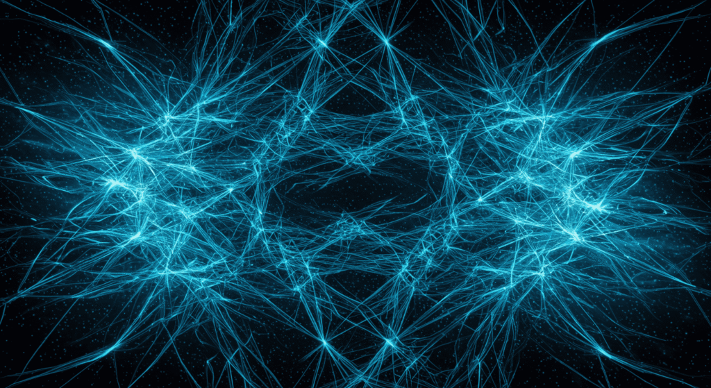 ¿Por Qué Nos Volvemos Adictos? El Poder de las Drogas en el Cerebro 2 Imagen abstracta de una red interconectada en el espacio. Líneas azules brillantes sobre fondo oscuro con nebulosas verdes y azules. Representación visual de redes neuronales, conexiones cósmicas o internet.