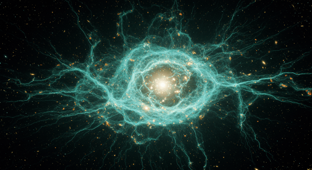 Energía y materia oscura: Los misterios invisibles del universo 6 Visualización de la red cósmica, la estructura a gran escala del universo, con filamentos azulados interconectados y nodos brillantes (cúmulos de galaxias) sobre el vacío espacial negro.