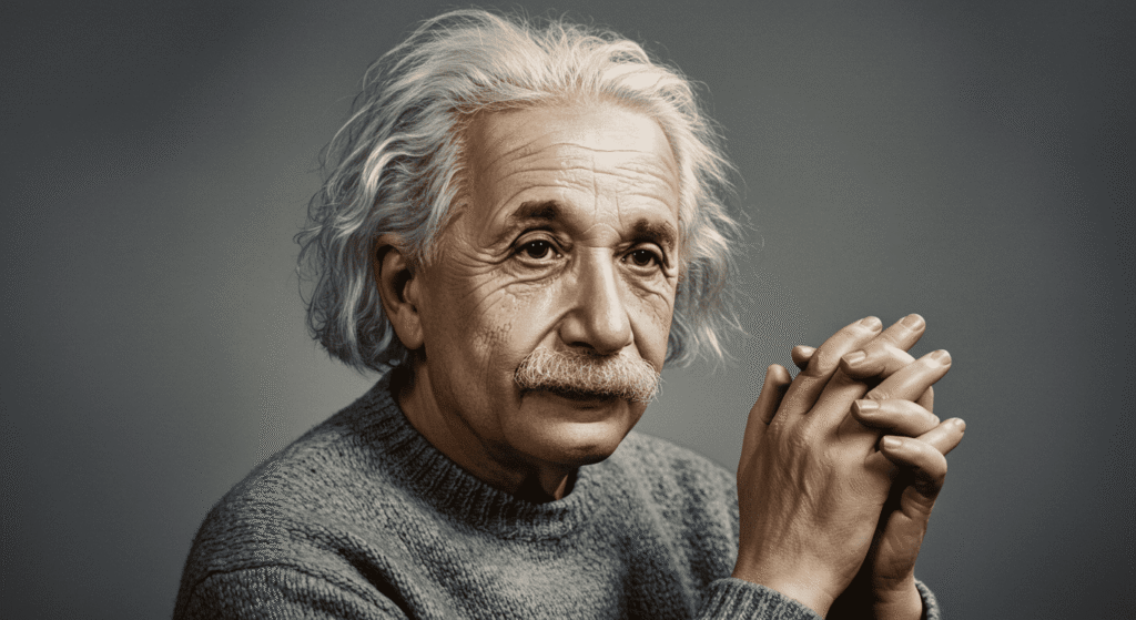 ¿Quién Fue Albert Einstein? Un Viaje por Su Vida y Descubrimientos 1 Retrato de Albert Einstein. Imagen de Albert Einstein con sus manos entrelazadas y una mirada pensativa. Ideal para contenido sobre ciencia, física y grandes pensadores.