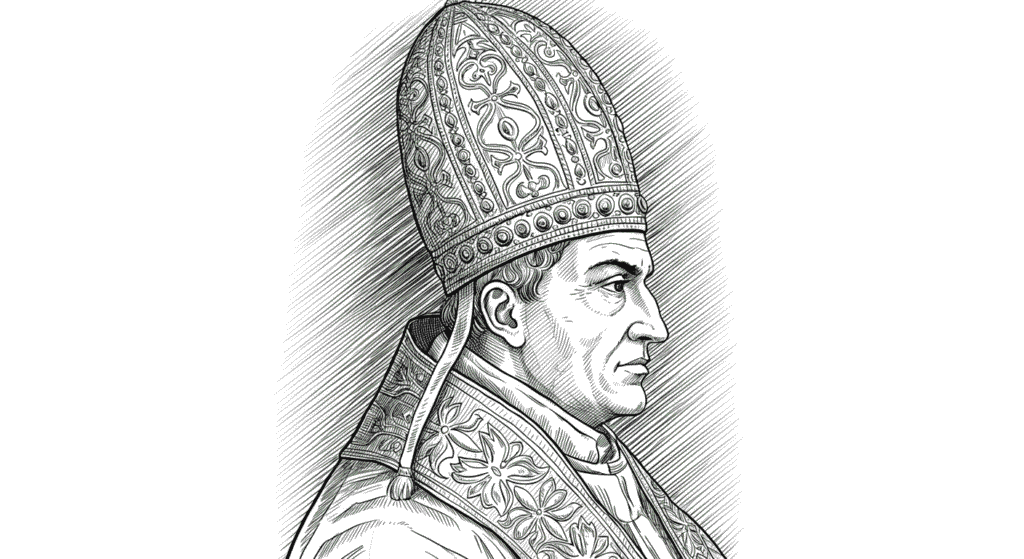 Los peores papas de la historia: 6 casos que sacudieron a la Iglesia 1 Retrato antiguo de Papa en blanco y negro. Ilustración detallada de un pontífice con tiara papal. Imagen histórica para libros de religión y arte. Accesible para personas con discapacidad visual.
