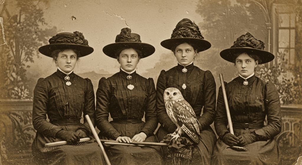 La Verdadera Historia de las Brujas: Mito, Magia y Persecución 3 Fotografía antigua de cuatro mujeres vestidas de negro con sombrero, sosteniendo escoba, palo y ave rapaz. Retrato vintage, moda victoriana, ambiente misterioso.
