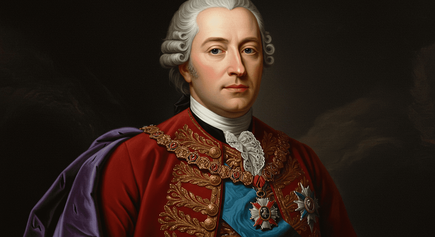 La Revolución Francesa: el levantamiento que cambió el mundo 3 "Retrato de un noble o miembro de la realeza con peluca empolvada y vestimenta lujosa roja y azul. Accesible y optimizada SEO."