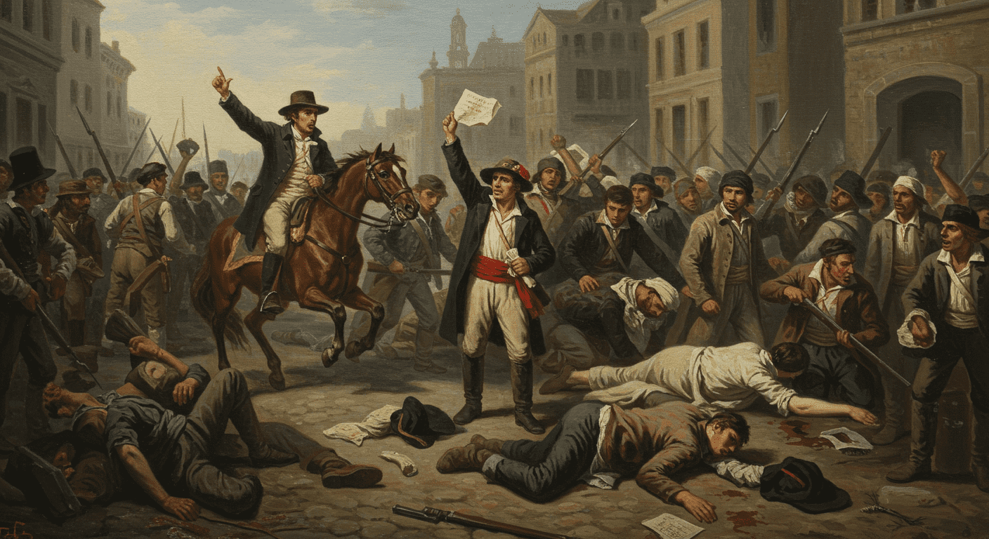La Revolución Francesa: el levantamiento que cambió el mundo 2 "Pintura histórica representando una revolución o levantamiento popular con multitudes armadas y personas heridas en entorno urbano. Accesible y optimizada SEO."