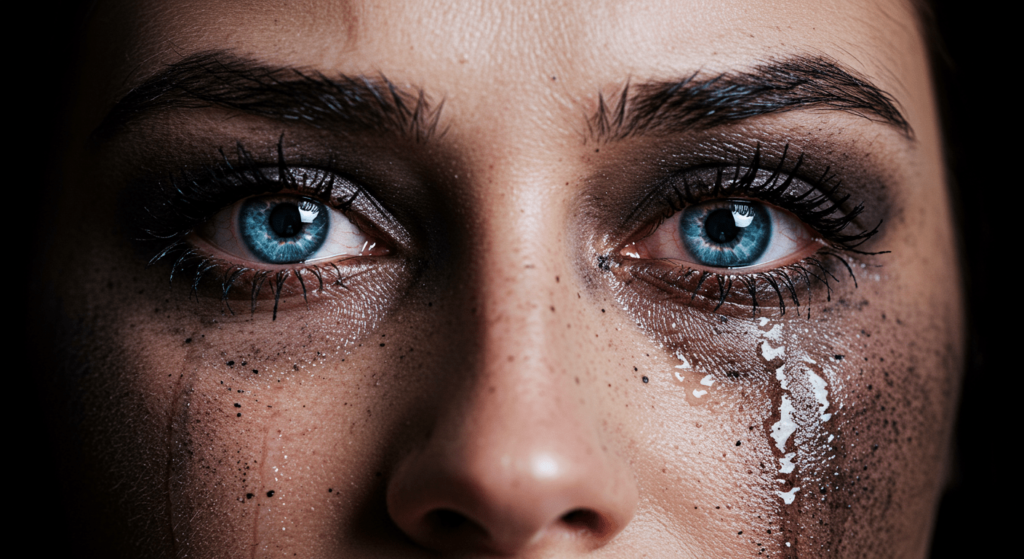 ¿Por qué lloramos? La ciencia y la emoción detrás de las lágrimas 5 "Primer plano de rostro llorando con maquillaje corrido. Imagen sobre tristeza, emociones intensas y vulnerabilidad humana."