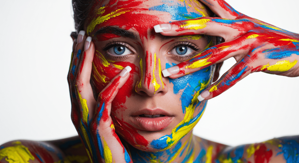 ¿Por qué tenemos ojos de distintos colores? La ciencia detrás de tu mirada 4 Retrato artístico con rostro y manos cubiertos de pintura vibrante de colores rojo, amarillo, azul y morado. Maquillaje artístico, expresión creativa, belleza abstracta.