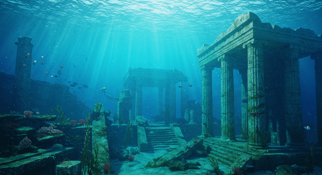 6 Grandes Misterios Históricos que Aún No Tienen Respuesta 7 "Ruinas submarinas de la Atlántida con edificios antiguos y vida marina. Ciudad perdida bajo el agua con atmósfera misteriosa. Ideal para historia, fantasía y SEO."