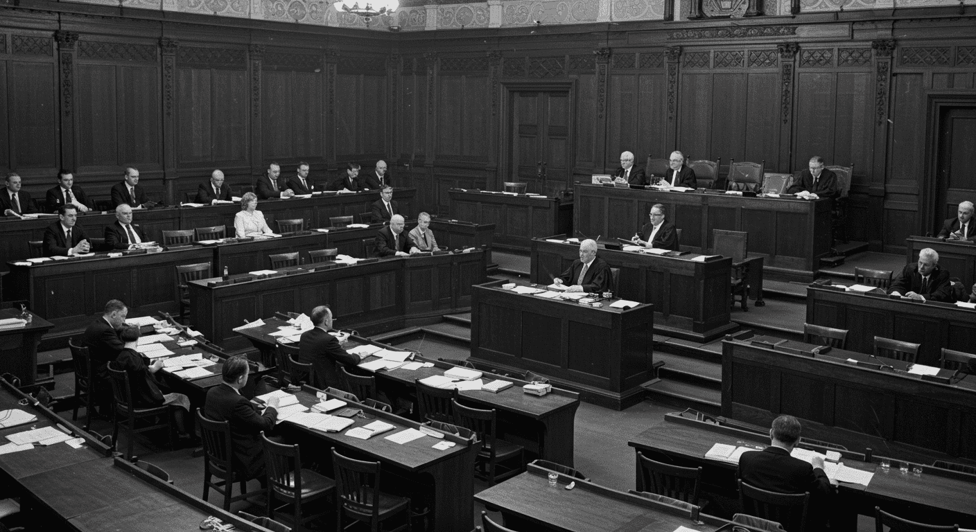 Los peores experimentos nazis (Parte 2): la ciencia al servicio del horror 7 Fotografía en blanco y negro de sala de juicios con personas sentadas. Imagen histórica de tribunal con bandera americana. Escena de proceso legal.