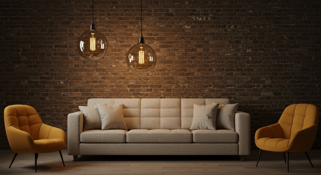 ¿Qué es el minimalismo? La filosofía de vivir con lo esencial 4 "Salón moderno con ladrillo: imagen de un sofá de diseño en un espacio con pared de ladrillo y lámparas colgantes decorativas. Ideal para contenido sobre interiorismo, decoración de salones y estilo industrial chic. Accesible para personas con discapacidad visual."