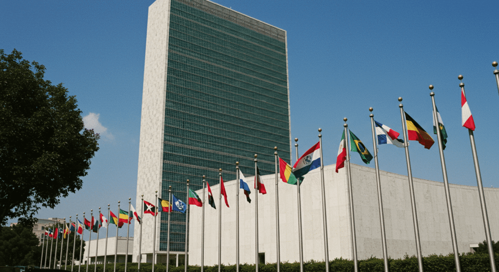 Día Internacional de las Naciones Unidas: Historia y Significado 5 Edificio de la sede de las Naciones Unidas (ONU) con banderas. Nueva York, diplomacia internacional.