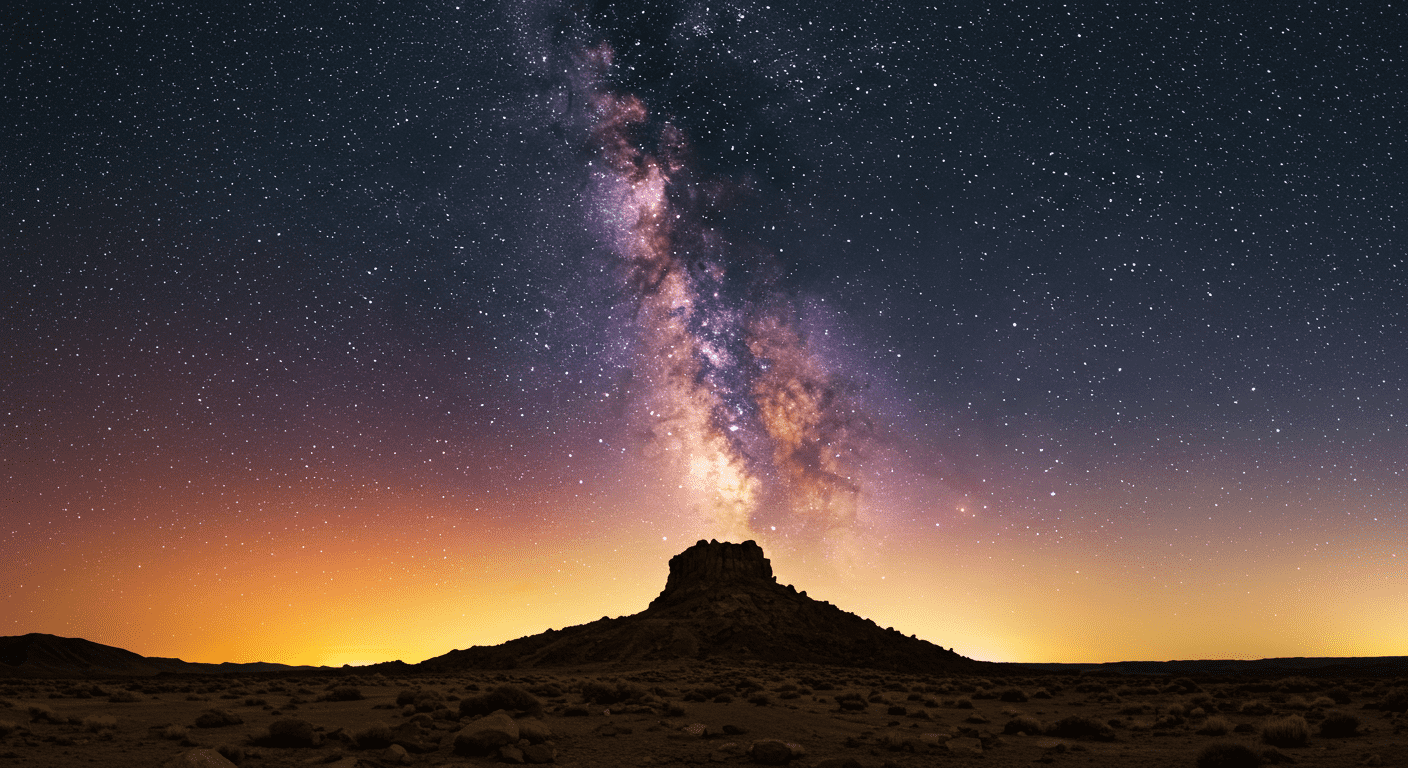 El ciclo de vida de una estrella: desde su nacimiento hasta su muerte 6 "Silueta de persona contemplando la Vía Láctea en una noche estrellada. Fotografía nocturna con cielo multicolor y paisaje rocoso. Ideal para temas de astronomía, exploración espacial y conexión con la naturaleza."