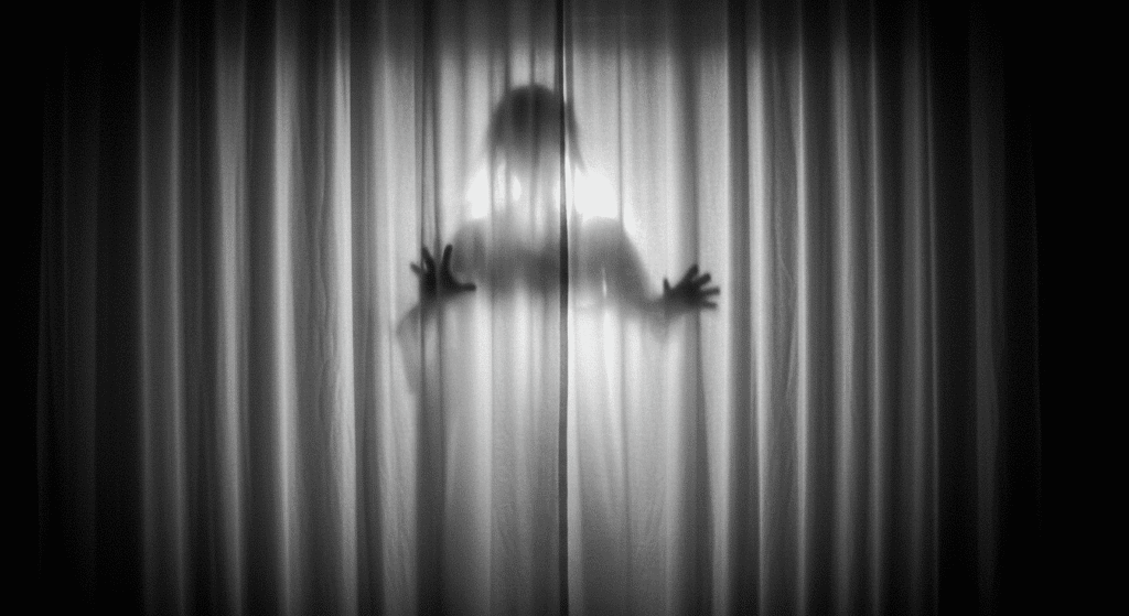 ¿Existen los fantasmas? Esto es lo que dice la ciencia 2 Imagen en blanco y negro de silueta humana borrosa tras cortinas cerradas, creando ambiente de misterio y terror. Ideal para contenido de suspense y fenómenos paranormales.
