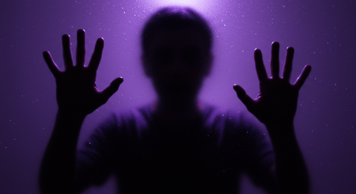 ¿Por qué tenemos fobias? La ciencia detrás de nuestros miedos irracionales 5 "Silueta borrosa de persona tras cristal con manos presionando. Imagen misteriosa con figura sombría y fondo iluminado. Ideal para contenido de terror, suspense y psicología."