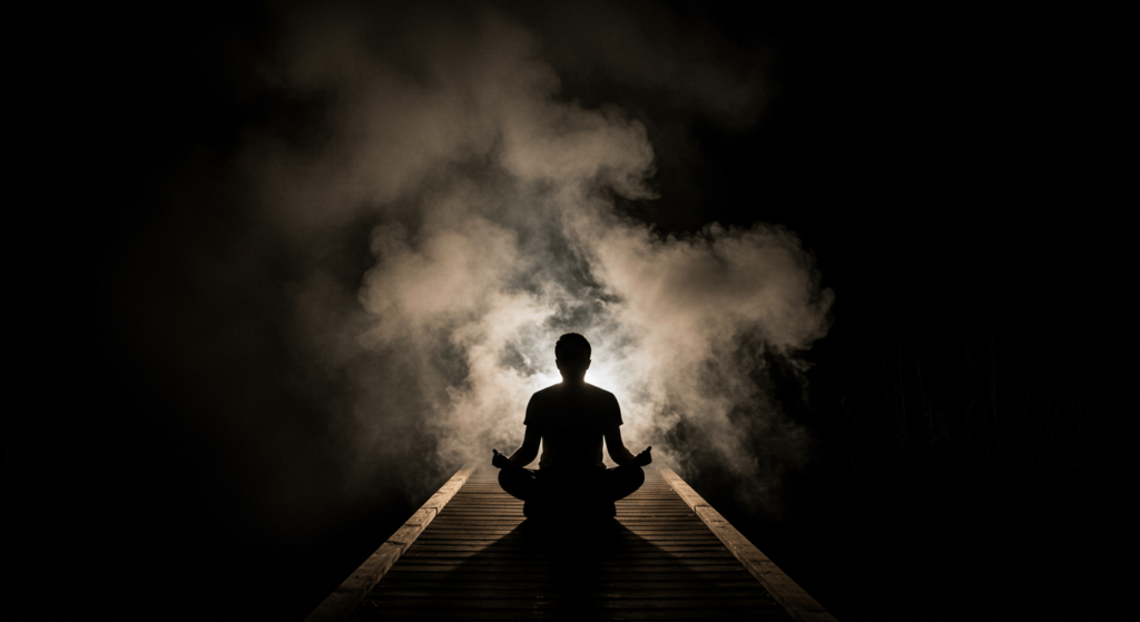 ¿Qué es la meditación y cómo puede cambiar tu vida? 4 Silueta de una persona sentada con humo iluminado en la oscuridad. Imagen misteriosa, noche, sombra, humo.
