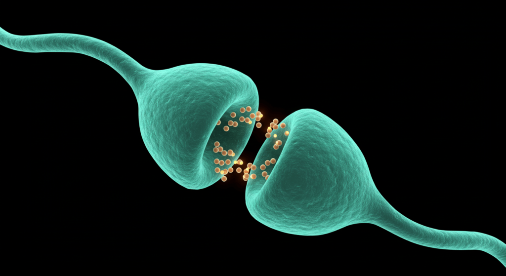 ¿Las neuronas se regeneran? Descubre la verdad sobre el cerebro humano 3 Ilustración de una sinapsis neuronal en azul, mostrando la liberación de neurotransmisores. Imagen accesible para la educación científica y la divulgación de la neurociencia.