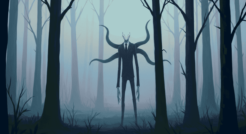 ¿Quién es Slenderman? La Oscura Verdad Tras la Leyenda Urbana 6 Imagen oscura de Slender Man en un bosque con niebla. Escena de terror y misterio.