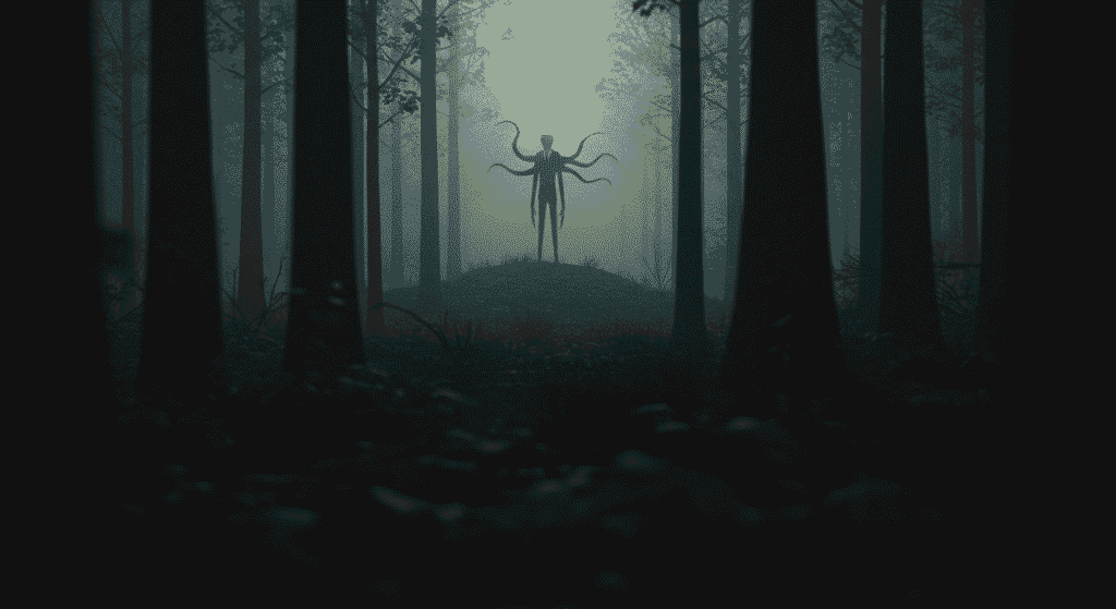 ¿Quién es Slenderman? La Oscura Verdad Tras la Leyenda Urbana 3 Ilustración digital de Slender Man en un bosque oscuro. Imagen de terror y misterio.