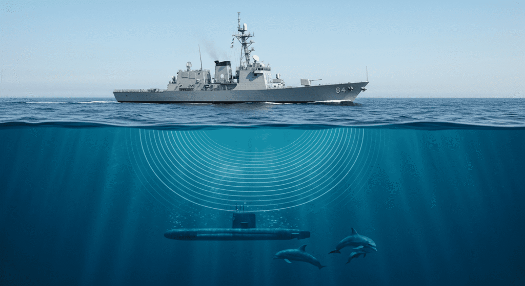 ¿Cómo funciona la ecolocalización? El radar natural de la naturaleza 5 Ilustración de sonar naval detectando submarino. Un barco militar emite ondas de sonar para localizar un submarino bajo el agua. Delfines observan la actividad. Ideal para contenido educativo sobre tecnología naval y acústica submarina.