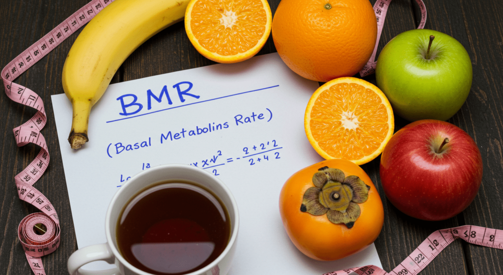 Metabolismo: Todo lo que necesitas saber para entender cómo funciona tu cuerpo 6 "Imagen de tasa metabólica basal (TMB) con frutas frescas, té y fórmula escrita. Ilustración de nutrición y salud, ideal para dietas y cálculo de calorías."