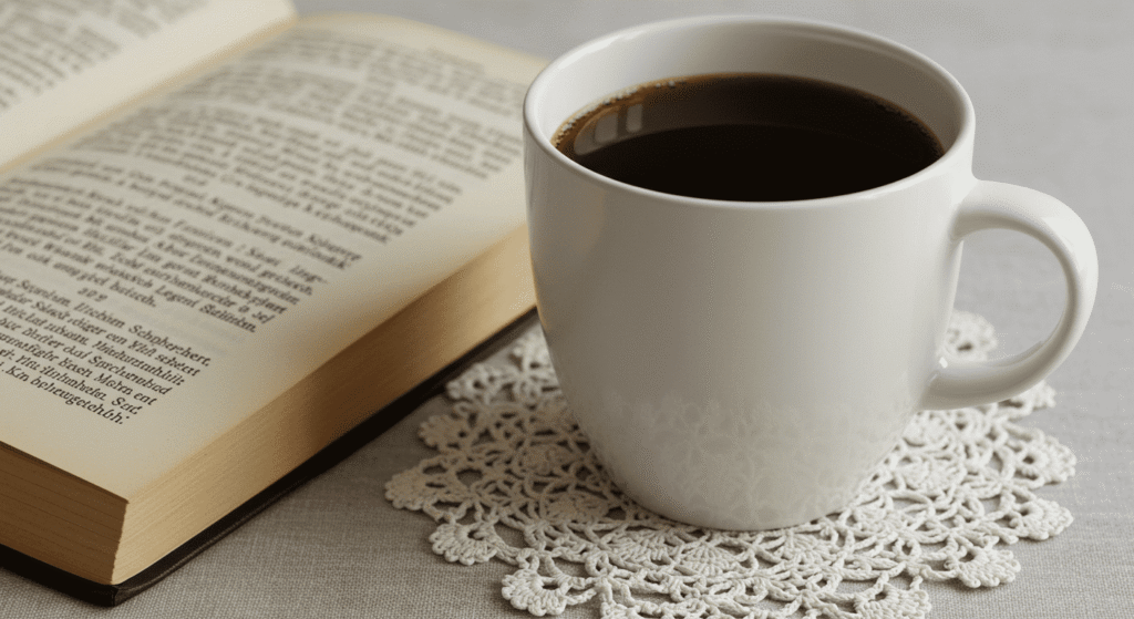 Cerebro de introvertido vs extrovertido: ¿Qué diferencias existen en su estructura y función? 2 "Taza blanca de café sobre un tapete de encaje blanco, junto a un libro abierto con texto en alemán. Imagen relajante de lectura y café. Foto para blogs de estilo de vida, momentos acogedores, o cultura literaria."