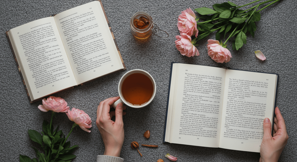 8 beneficios de la lectura que transformarán tu mente y tu vida 1 Taza de té con libros y flores: Composición cenital mostrando momentos de relax. Lectura, bebidas calientes y estilo de vida.
