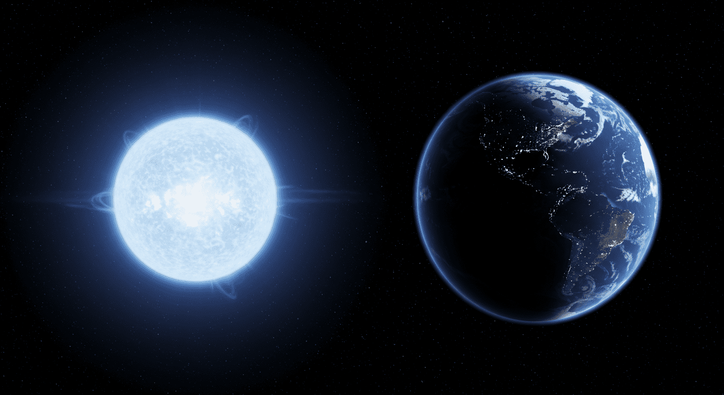 El ciclo de vida de una estrella: desde su nacimiento hasta su muerte 4 "Ilustración del planeta Tierra junto a una estrella azul brillante en el espacio. Imagen con detalles de la superficie terrestre y una estrella luminosa. Ideal para contenido educativo sobre astronomía, ciencia espacial y el universo."