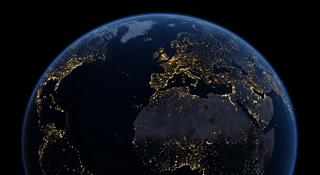 ¿Qué sucedería si la Tierra se quedara sin oxígeno durante 5 segundos? 2 Vista nocturna de la Tierra desde el espacio. Luces de ciudades iluminando Europa, África y Oriente Medio contra el fondo oscuro del planeta. Fotografía de la Tierra de noche.