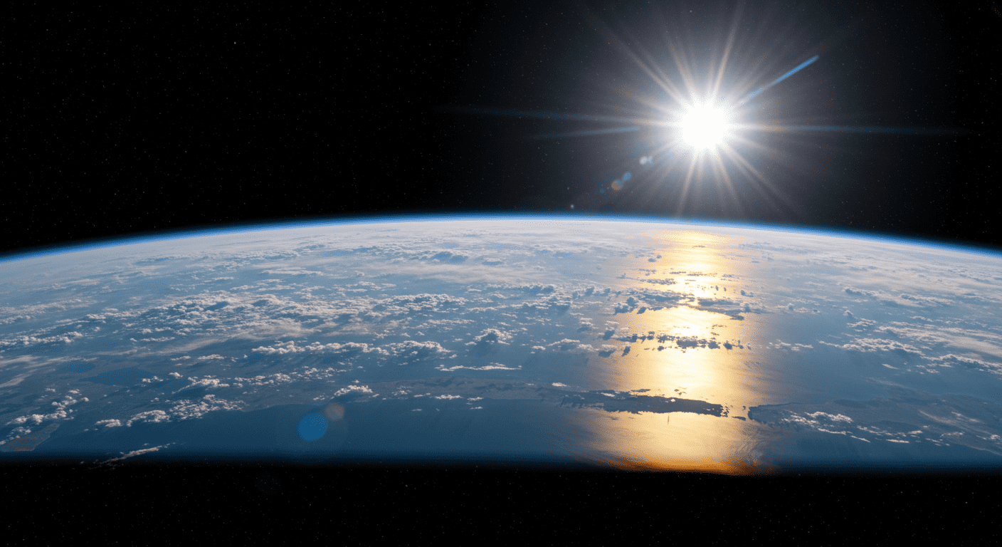 La Hipótesis Siluriana: ¿Hubo una civilización avanzada antes que nosotros? 3 "Imagen de la Tierra desde el espacio con atmósfera, nubes y reflejo del sol. Visión panorámica del planeta. Accesible y optimizada SEO."