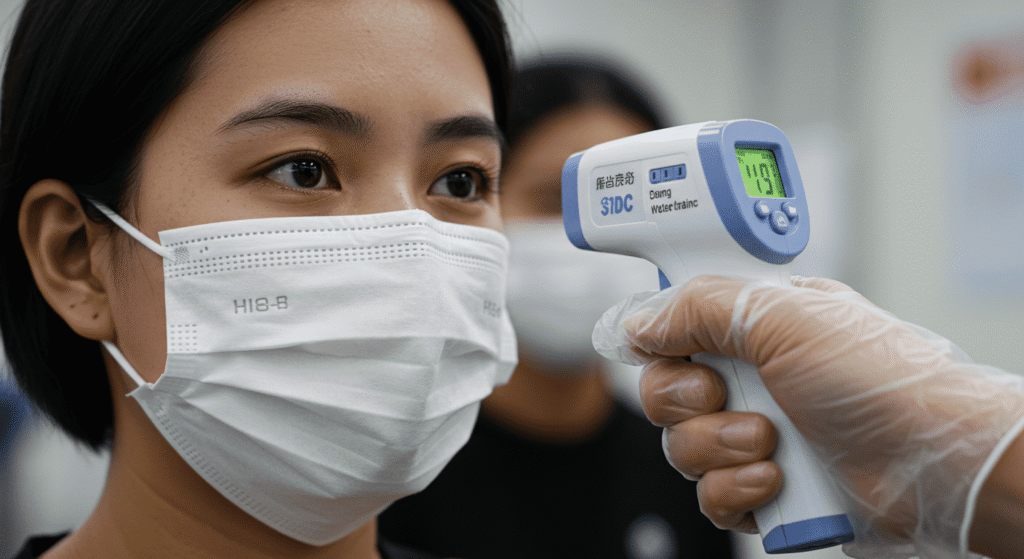 Coronavirus: El Origen en Wuhan y Cómo Comenzó Todo 5 Toma de temperatura con termómetro infrarrojo a persona con mascarilla. Control de fiebre y prevención de contagios