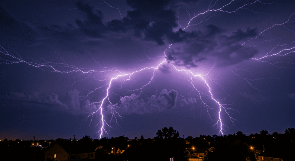 ¿Cómo se Forman los Rayos, Relámpagos y Truenos? La Ciencia Detrás de Estos Fenómenos Naturales 1 Tormenta eléctrica nocturna con relámpagos púrpuras. Imagen de una noche tormentosa con múltiples rayos iluminando el cielo sobre una ciudad. Ideal para contenido sobre clima, meteorología y fenómenos naturales.