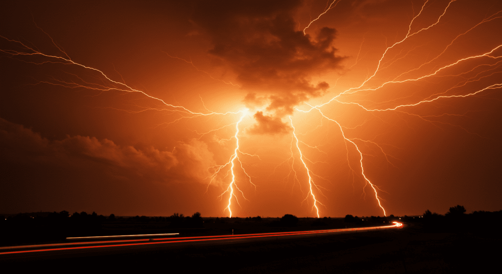 ¿Cómo se Forman los Rayos, Relámpagos y Truenos? La Ciencia Detrás de Estos Fenómenos Naturales 6 Tormenta con relámpagos naranjas y coche en carretera de noche. Imagen de relámpagos durante la noche sobre una ciudad con circulación de tráfico. Ideal para contenido de naturaleza y fenómenos atmosféricos.