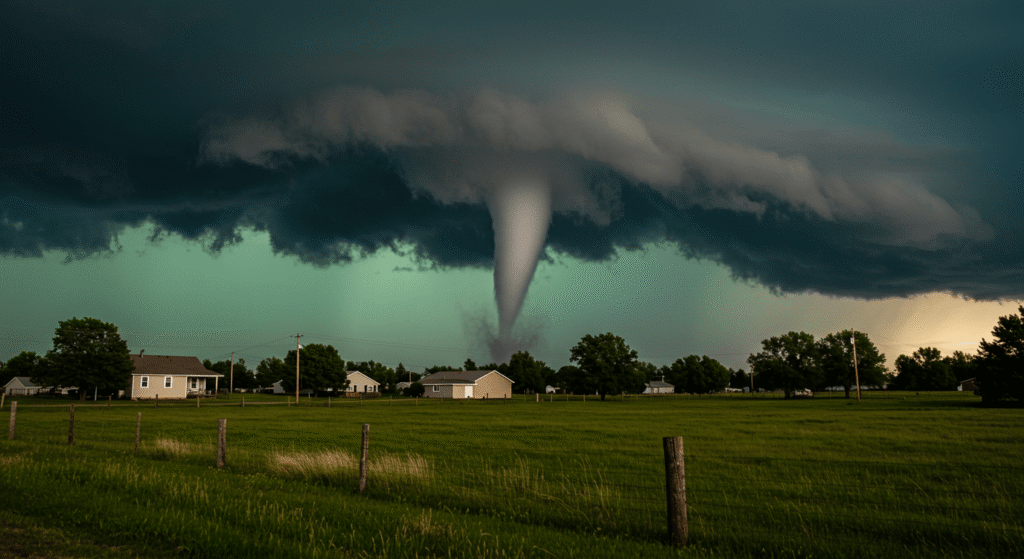¿Cómo es posible que un avión vuele? La ciencia detrás del milagro aéreo 3 Tornado campo rural. Imagen impactante de tornado arrasando un campo con casas al fondo. Desastres naturales y fenómenos meteorológicos.