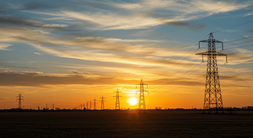 ¿Cómo se genera la electricidad que usamos a diario? Explicado fácil y claro 3 Torres de alta tensión al atardecer. Energía eléctrica. Paisaje con líneas eléctricas.