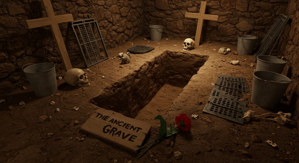 Ancient Ram Inn: La pensión más aterradora del mundo y sus oscuros secretos 5 "Tumba antigua: imagen de una cripta con una tumba excavada, una calavera y una cruz. Ideal para contenido sobre historia, arqueología y lugares misteriosos. Accesible para personas con discapacidad visual."