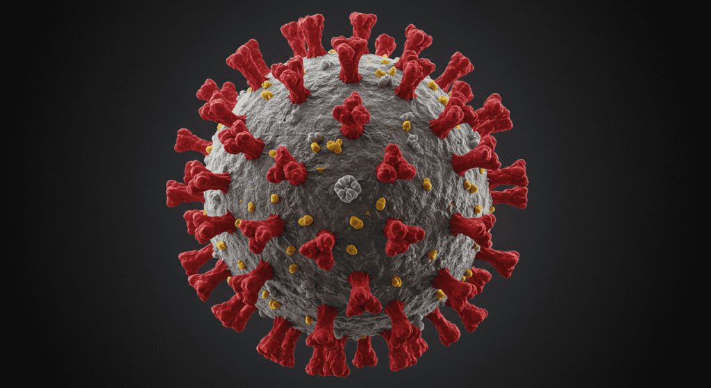 Coronavirus: El Origen en Wuhan y Cómo Comenzó Todo 2 Ilustración del virus SARS-CoV-2 (COVID-19) con proteínas de espiga rojas sobre fondo gris. Imagen del CDC para concienciar sobre la pandemia