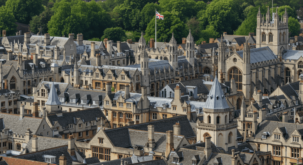 Las 10 Universidades Más Prestigiosas del Mundo y sus Costos de Matrícula 6 "Vista aérea de Cambridge, Inglaterra, con edificios históricos y arquitectura detallada. Panorama de universidad británica con torres y tejados antiguos. Ideal para turismo, historia y posicionamiento SEO."